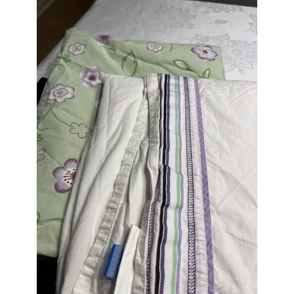 Lot of 2 Pottery Barn twin size Flat Sheets White w Purple Stripe, Green Floral